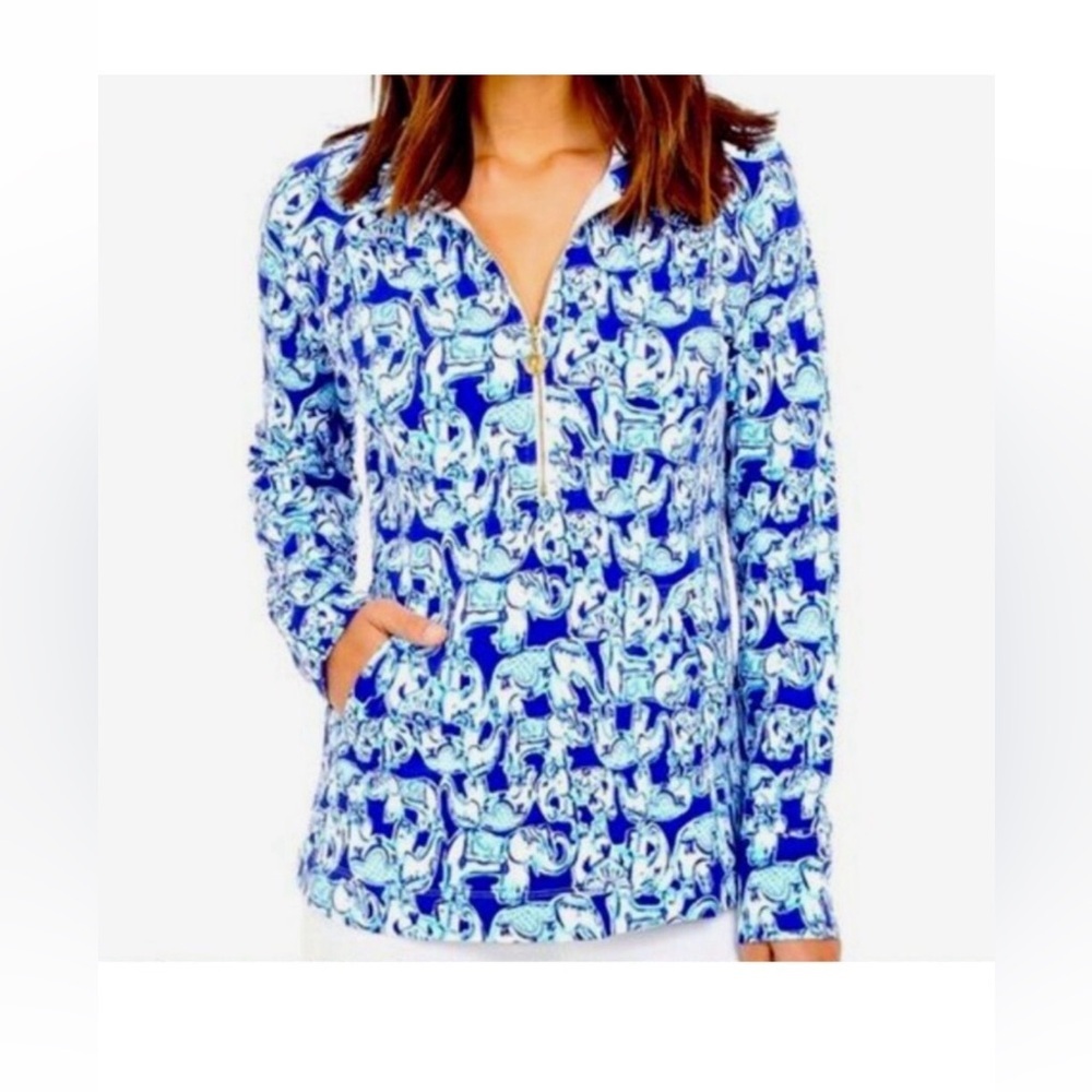 Lilly Pulitzer UPF 50+ Skipper Printed Popover Get Trunky Elephsnt blue white Lg